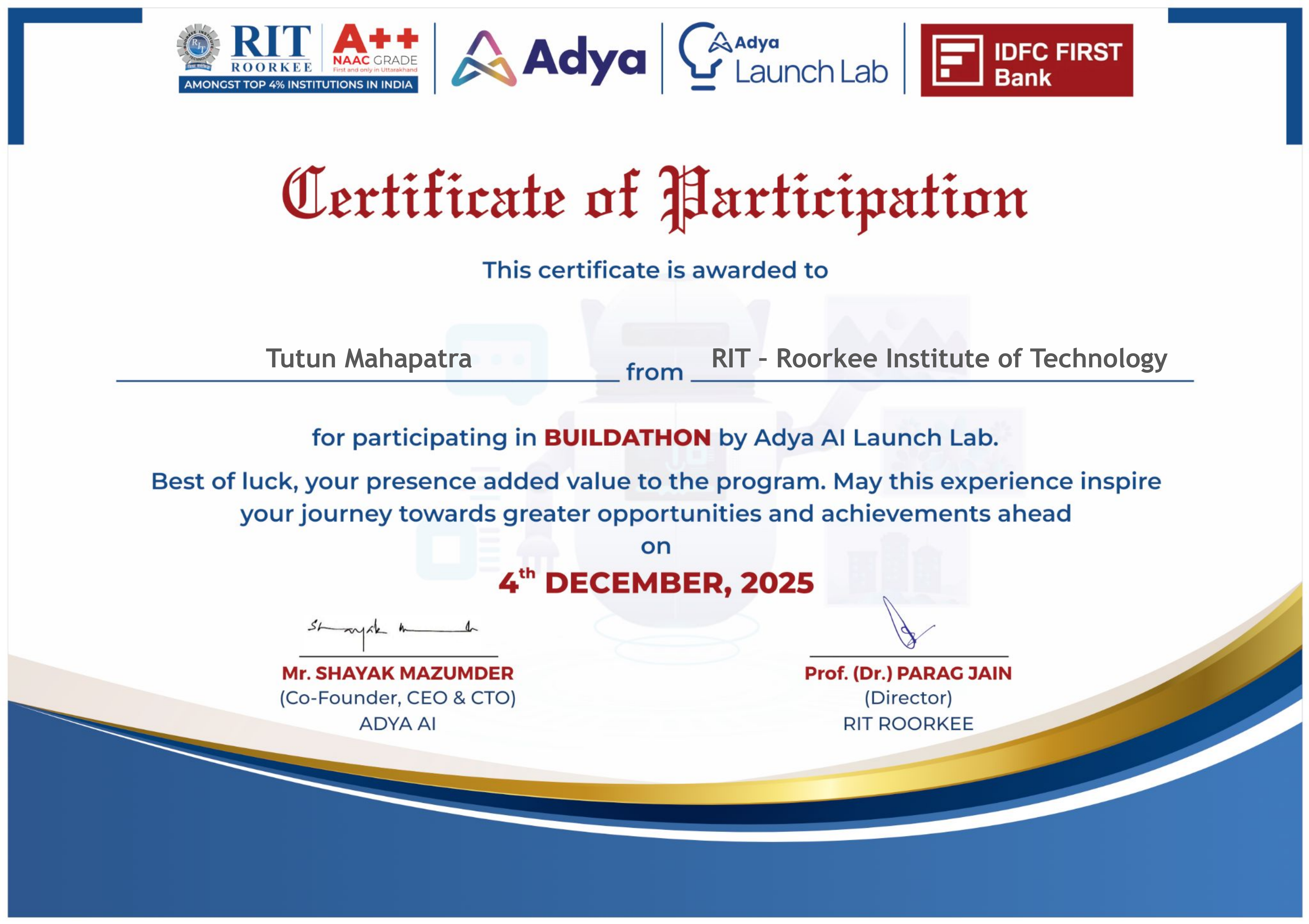 AdyaAI Buildathon Certificate